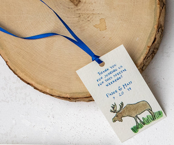 Camp wedding favor tag with moose