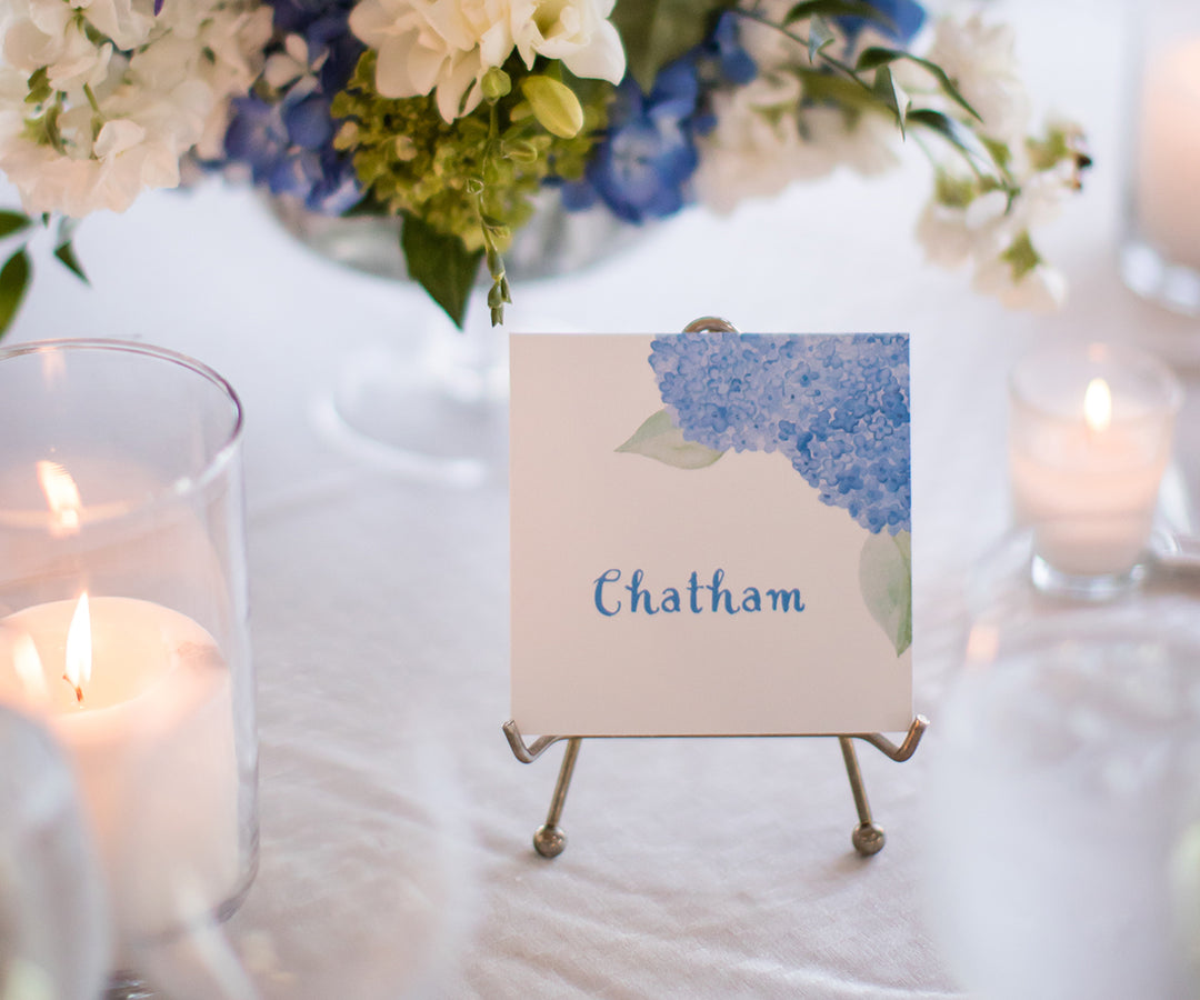 Blue corner hydrangeas table number Kelly Cronin