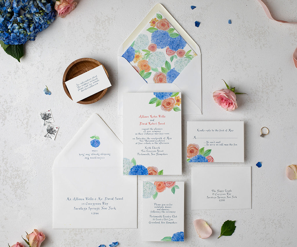 Hydrangeas and roses wedding invitation
