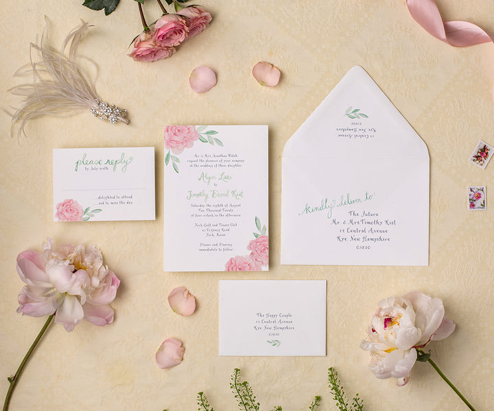 Peony and greens wedding invitation