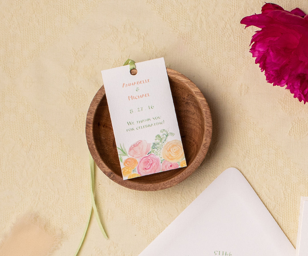 Roses with greens favor tag