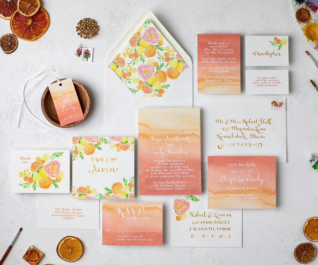 Coral ombre wedding invitation full suite