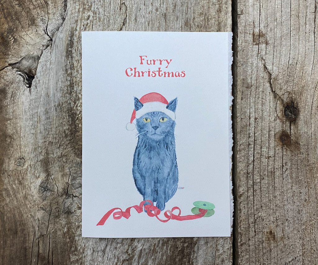 Cat with Christmas ribbon card