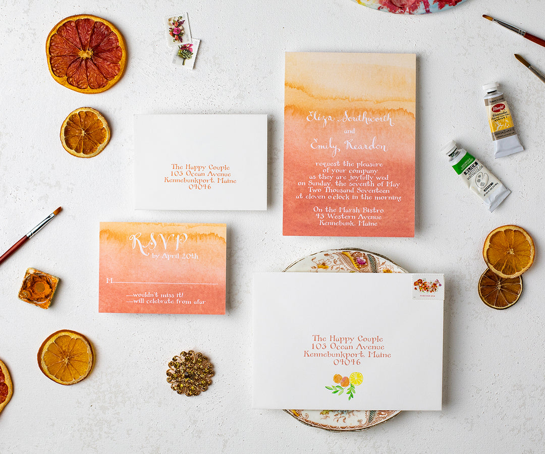 Coral ombre wedding invitation