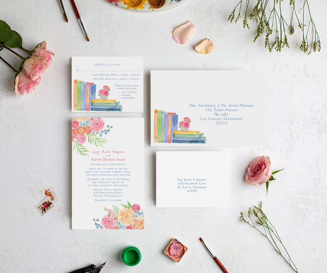 Dahlias & Books Wedding Invitation