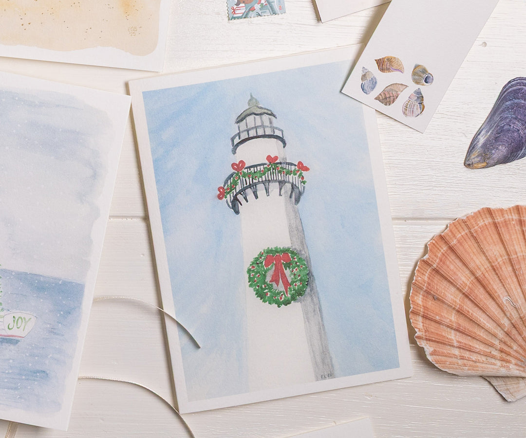 Lighthouse with Wreath Holiday Card