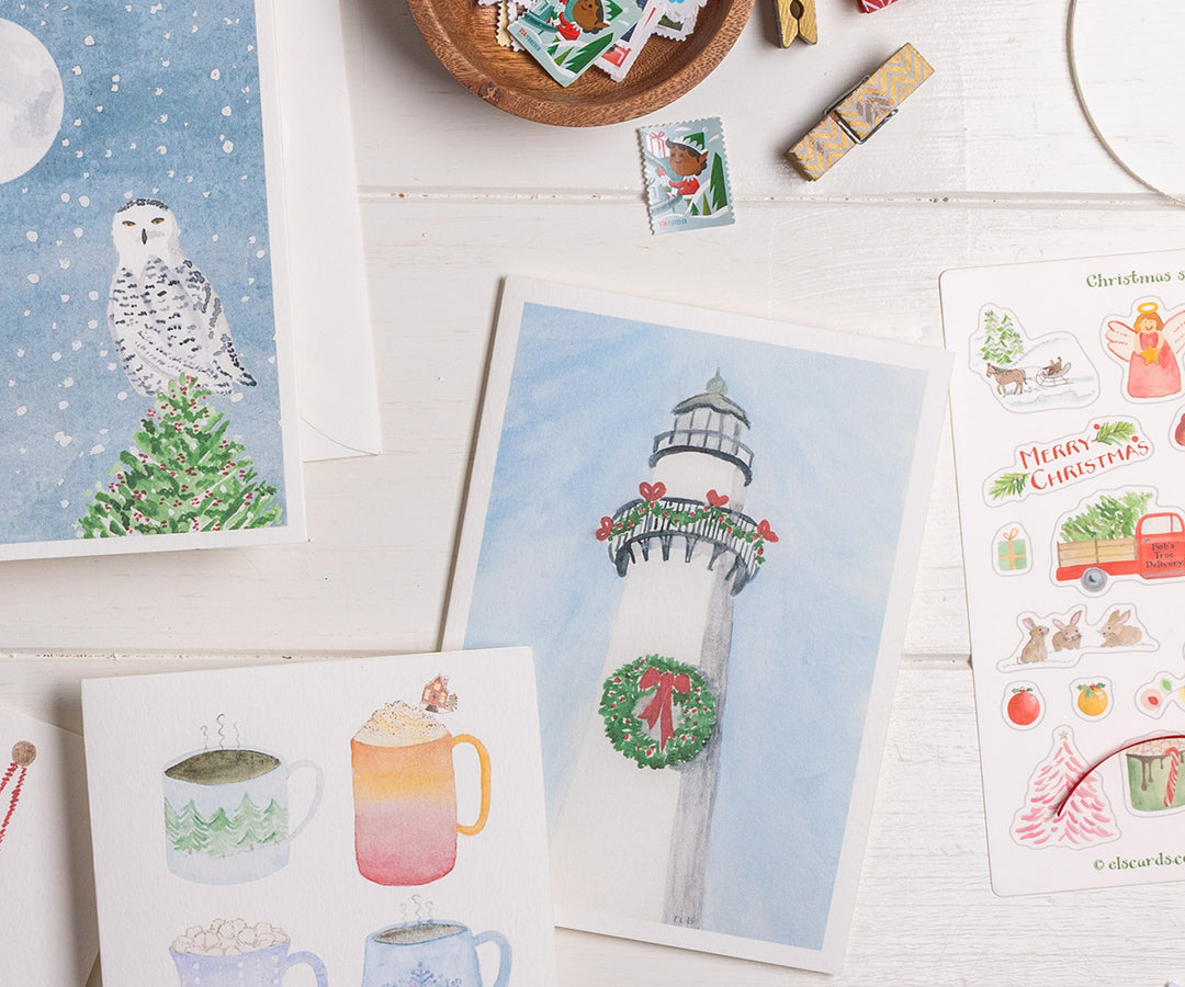 Lighthouse with Wreath Holiday Card