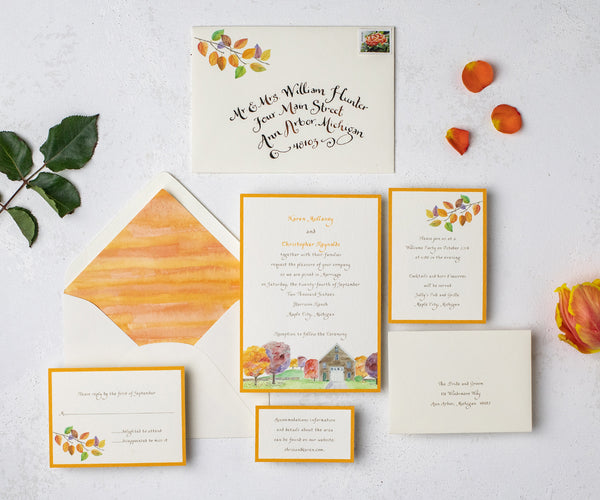 autumnal barn wedding invitation