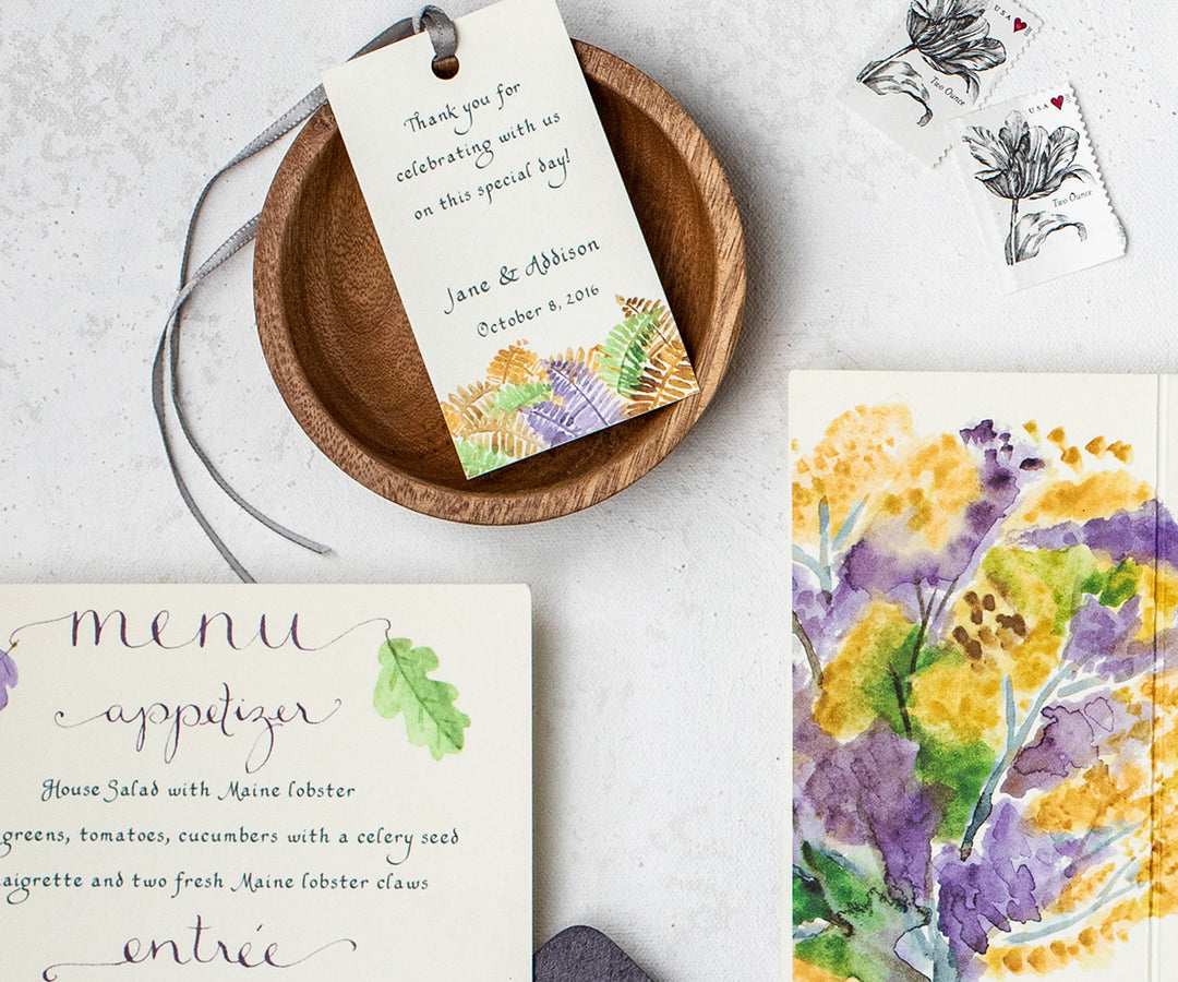 autumn trees with ferns wedding favor tag