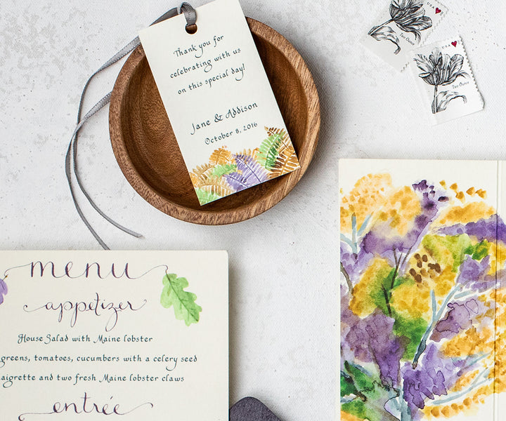 autumn trees with ferns wedding favor tag