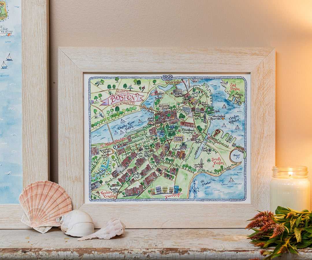 Boston Mappoint Watercolor hand painted Map of Boston, MA – El's Cards
