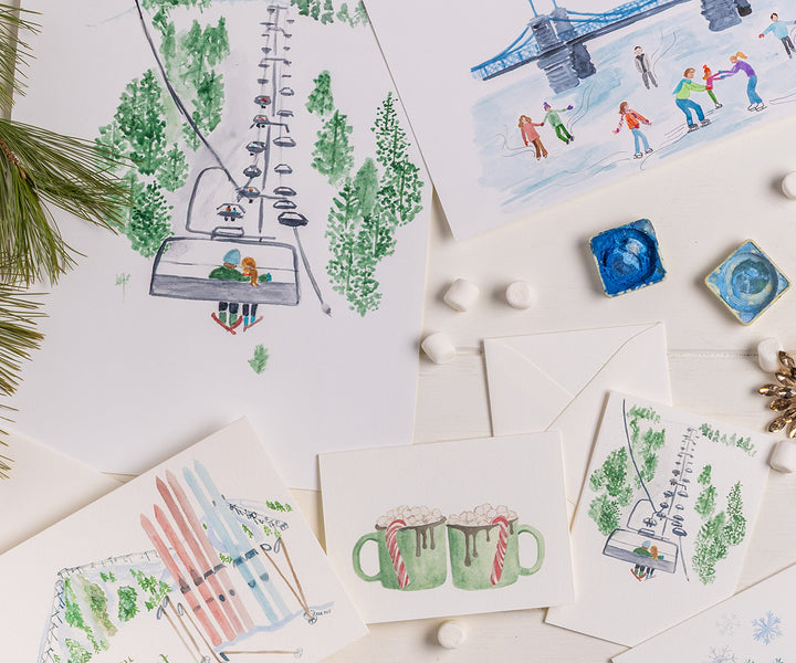 Chairlift Skiers Note Cards