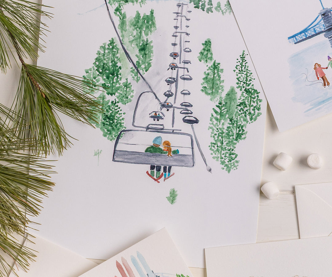 Chairlift Skiers Note Cards