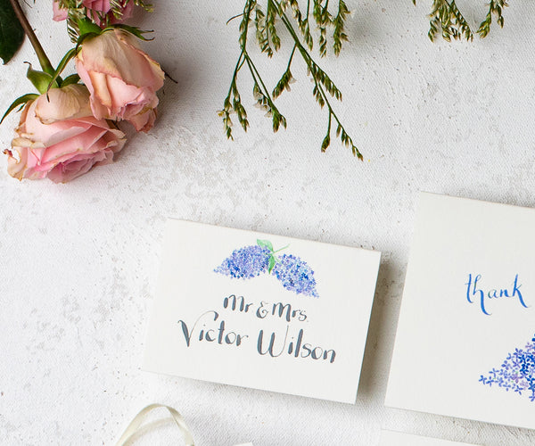 lilac place card with calligraphy