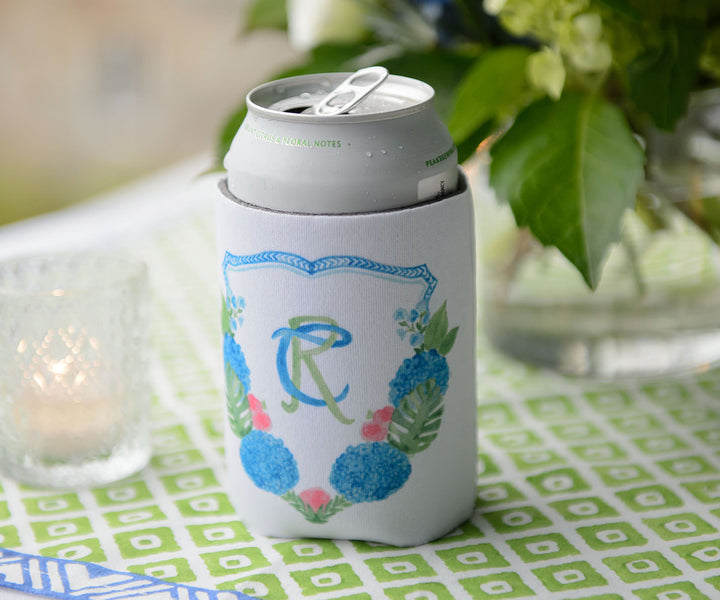 coozie with hydrangea crest