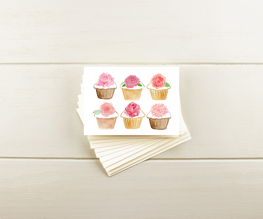 Pink Floral Cupcakes Note Cards