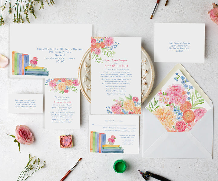 Dahlias & Books Wedding Invitation