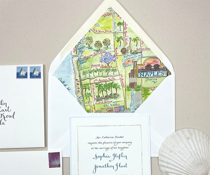 Map of Naples, Florida invitation envelope liner