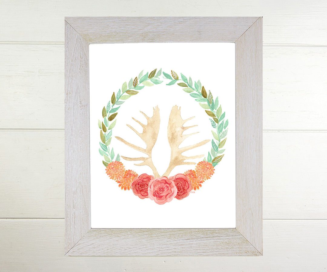 Floral Moose Antler Wreath Print