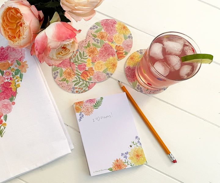 dahlia and delphinium notepad with floral coasters