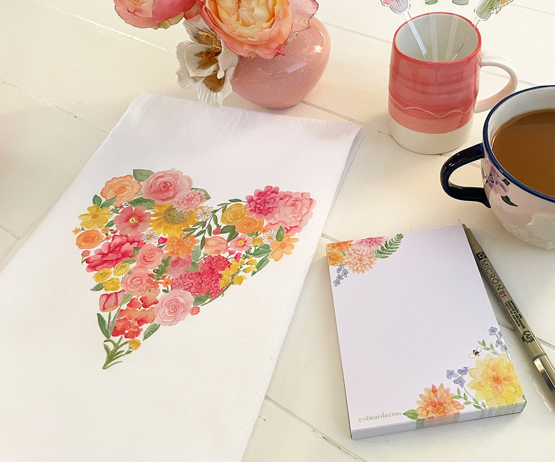 Mini Dahlia & Delphinium Notepad with heart bouquet towel
