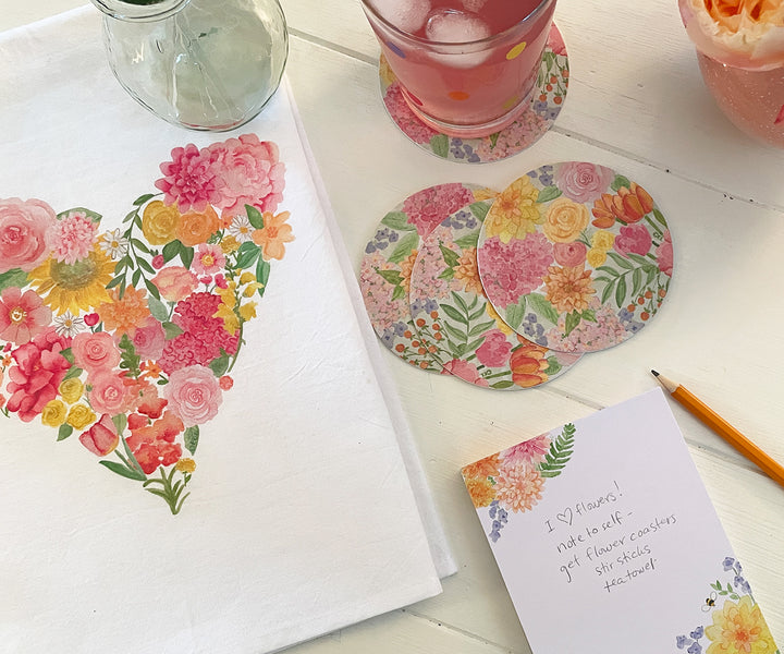 Mini Dahlia & Delphinium Notepad with heart bouquet towel and coasters