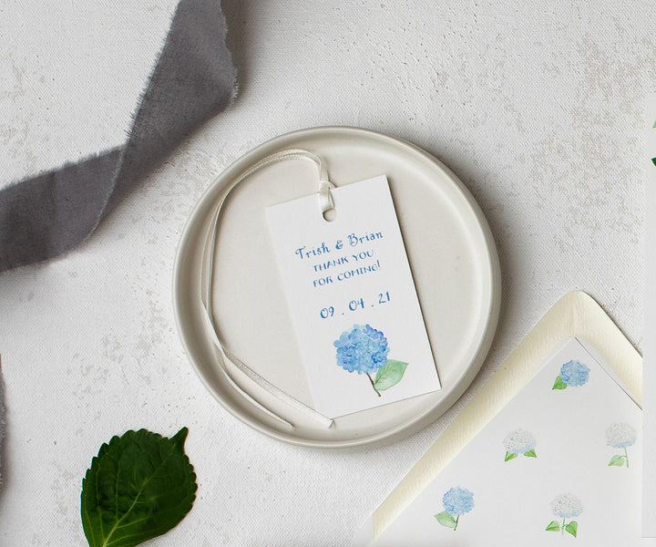hydrangea with greens wedding favor tag