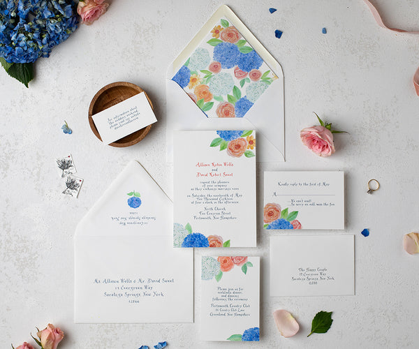 Hydrangeas and roses wedding invitation