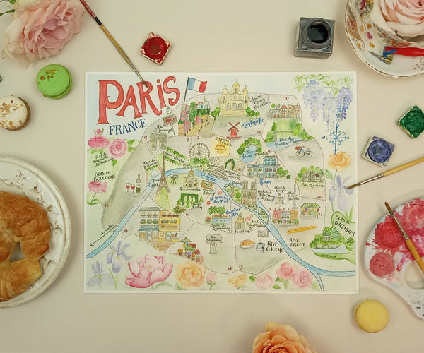 Watercolor map of Paris France