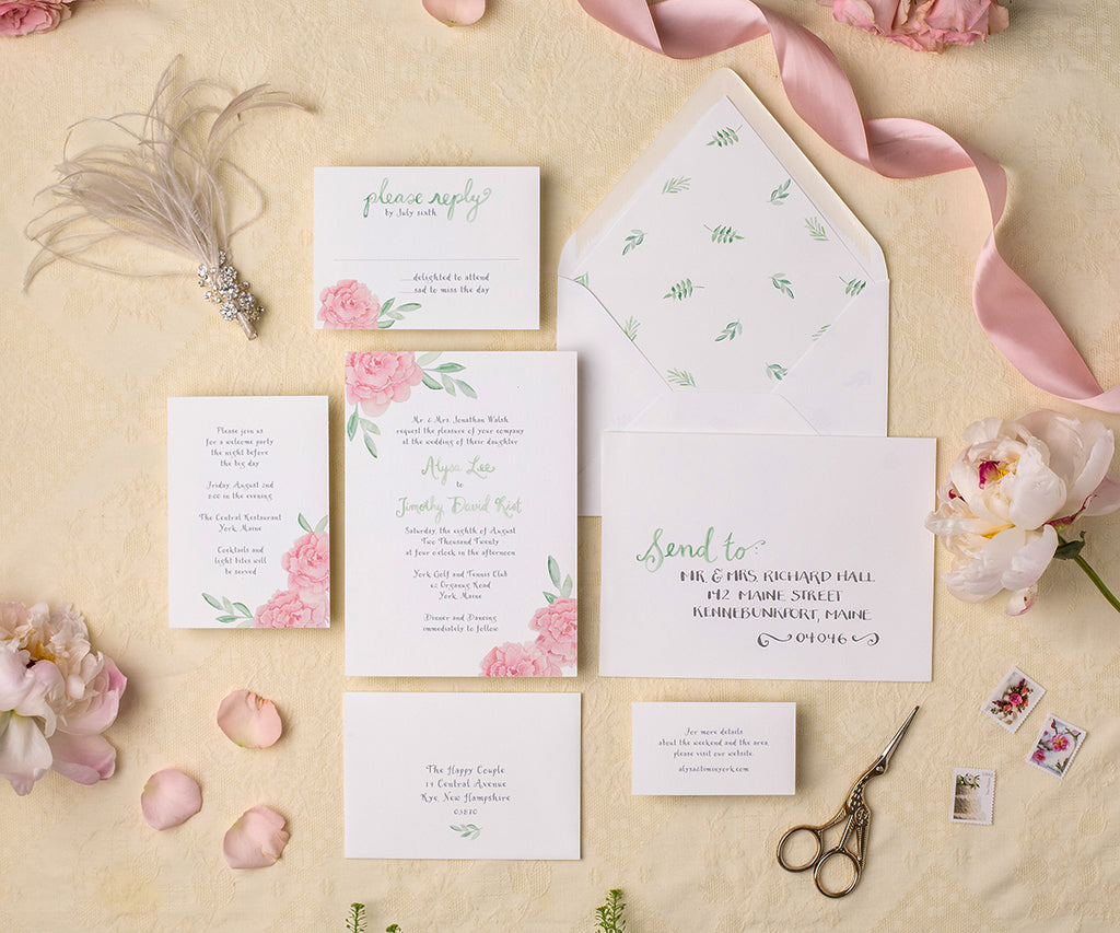 Peony and greens wedding invitation