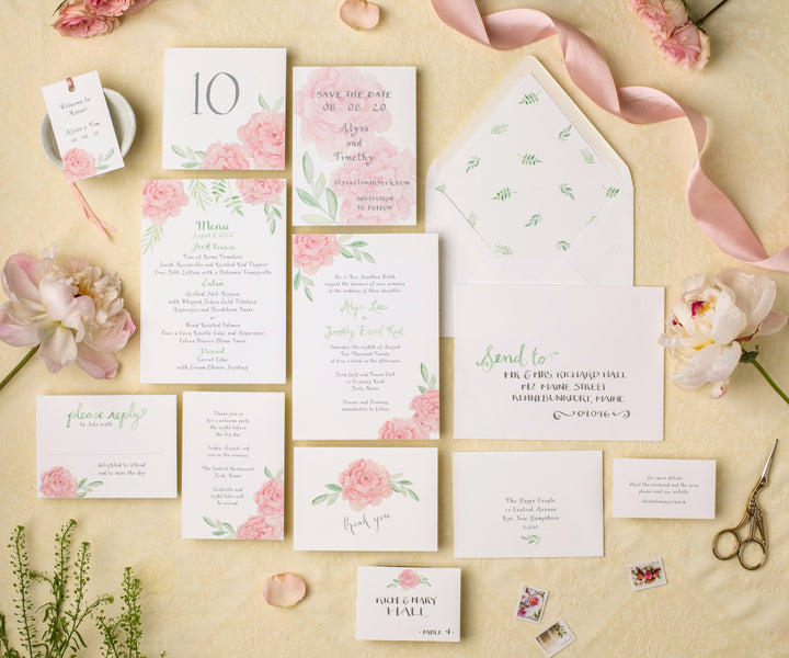 Peony with Greens wedding invitation suite