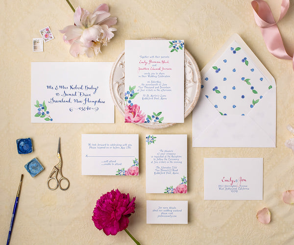 Peony blueberry wedding invitation