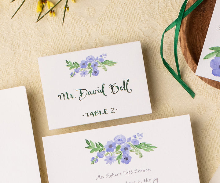 Periwinkle bouquet place card