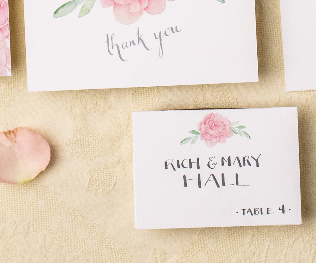 pale pink peony and greens place card