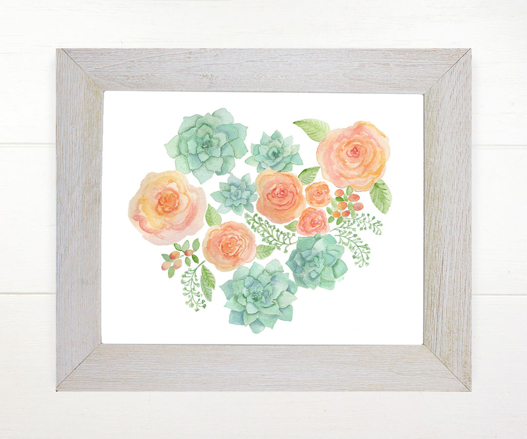 Succulents and Peach Roses Floral Print