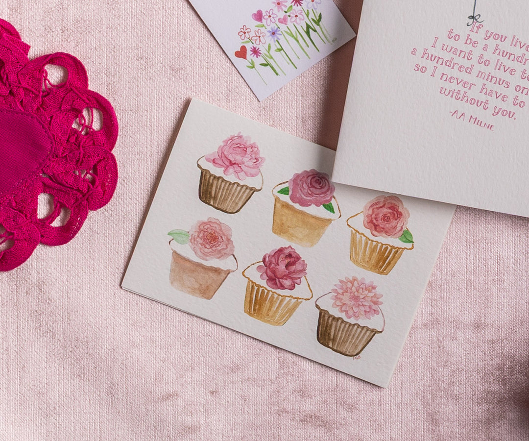 Pink Floral Cupcakes Note Cards