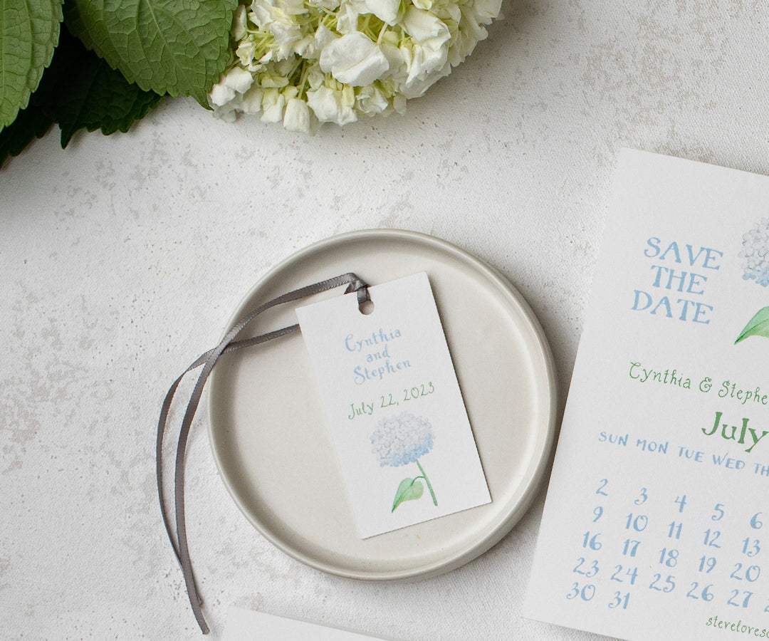 white hydrangea favor tag