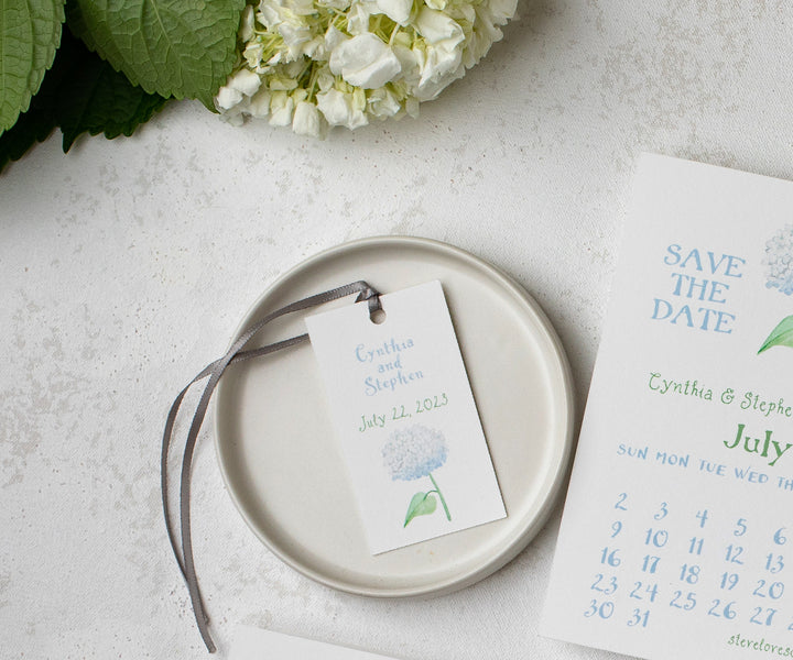 white hydrangea favor tag