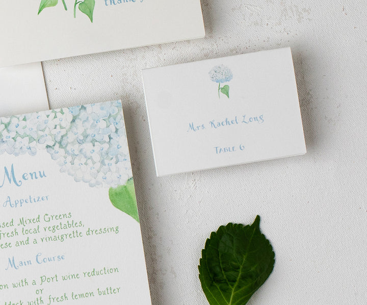 white hydrangea place card