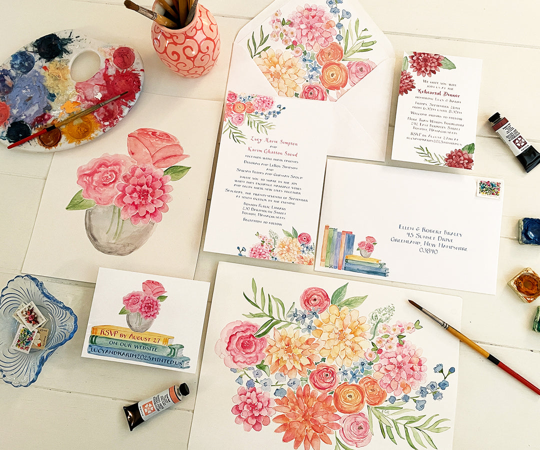 Dahlias & Books Wedding Invitation