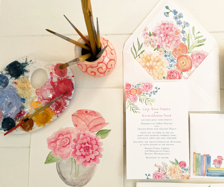 Dahlias & Books Wedding Invitation
