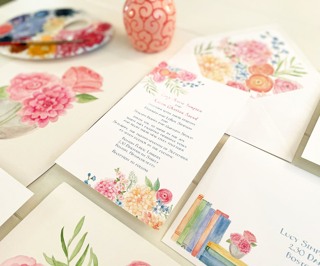 Dahlias & Books Wedding Invitation