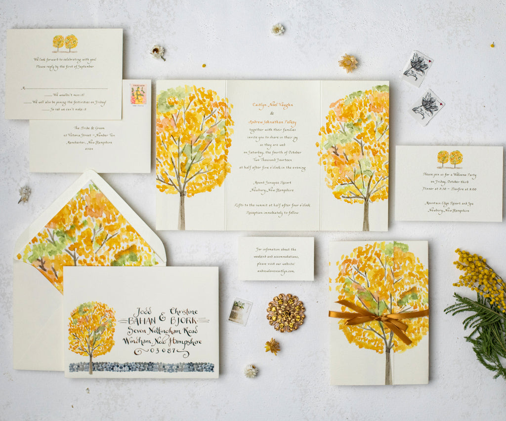 Yellow autumn trees wedding invitation