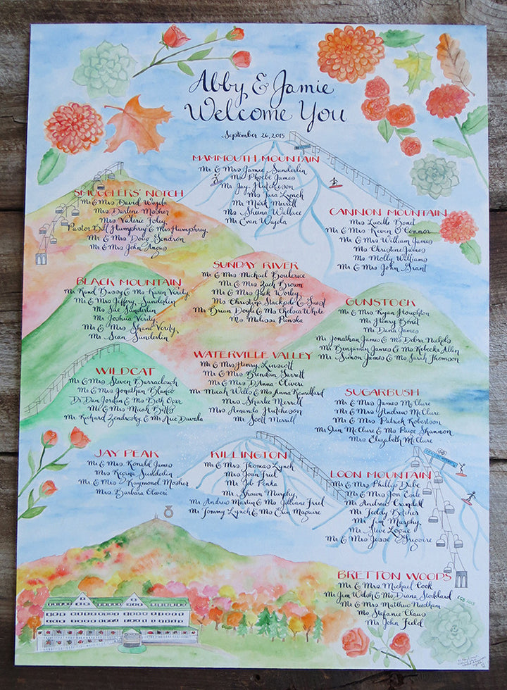 autumn NH ski theme wedding seating chart