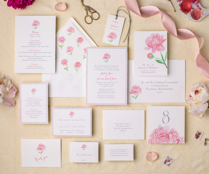 Pretty peony wedding invitation suite