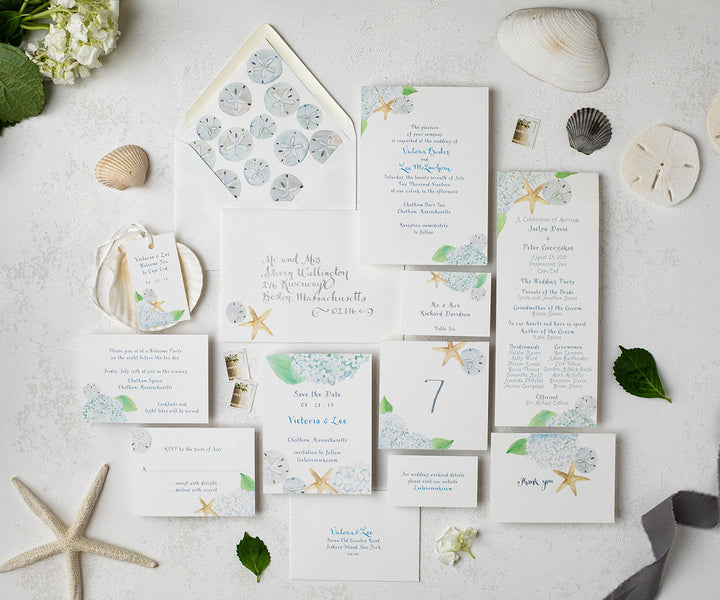Beach hydrangea wedding invitation suite