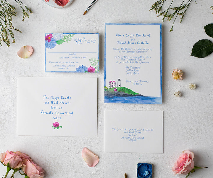 Beach Rose Lighthouse wedding invitation