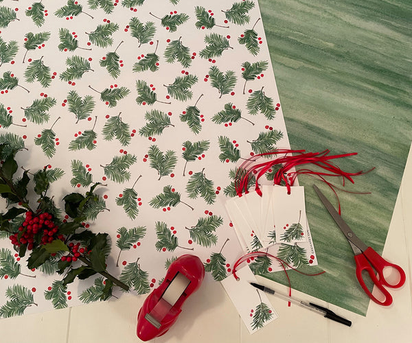 berries and boughs wrap with tags