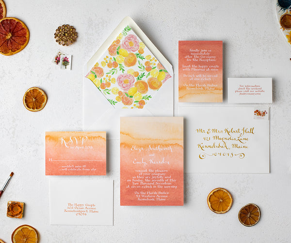Coral ombre wedding invitation