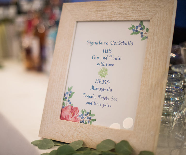 Signature drink sign with peonies